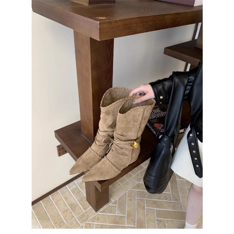 Sheepskin version~ retro niche suede string flanged thin heel cat and western cowboy boots women's short boots thin boots