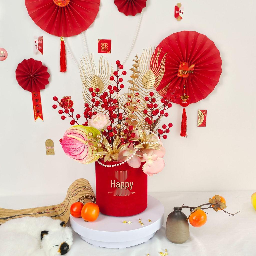 Fortune Bucket New Year Decoration Set - Festive Ornaments for Bedroom and Living Room with Flowers and Fu Character.