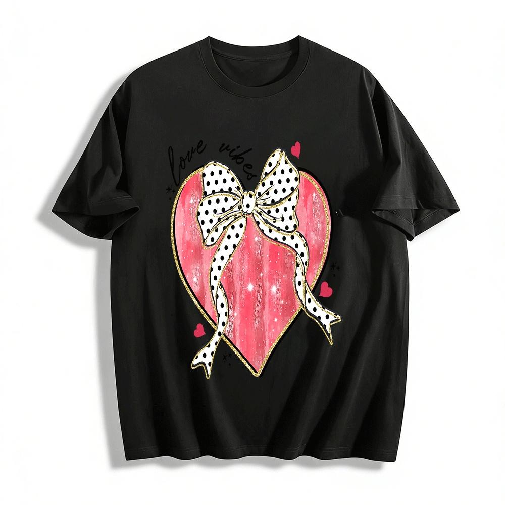 Love Vibes Polka Dot Bow Heart Print Casual Valentine s Day Top Pure cotton T-shirt XXS
