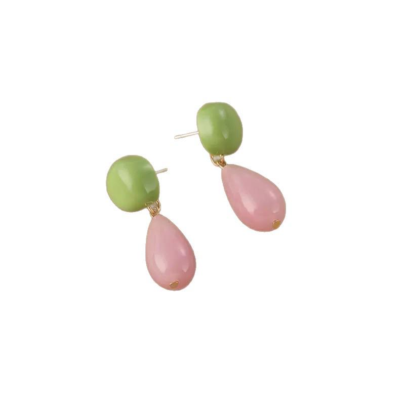 Orecchini Goccia d'Acqua Retrò Rosa e Verdi Freschi - Stile Estivo di Nicchia, Orecchini a Lobo ed a Clip Esagerati da Vacanza.