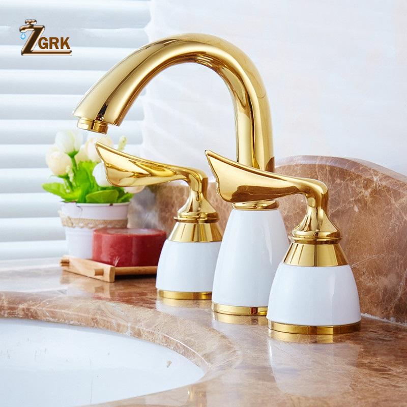 

3 Pieces Set Bathtub Faucet Deck Mounted Gold Luxury Bathroom Tub Mixer 3 Holes Widespread Bath Faucet Set Sink Tap