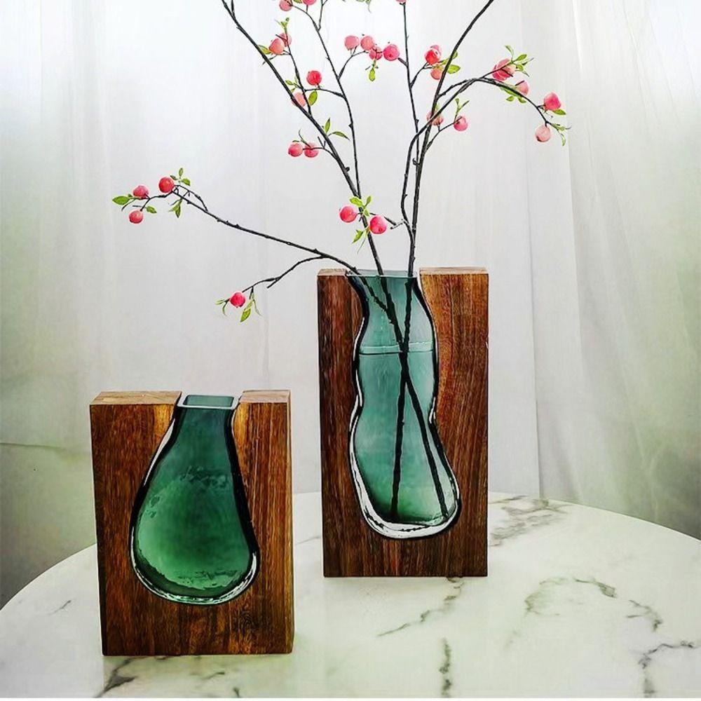 Wooden Glass Vase Transparent Flower Pot Desktop Ornament Hydroponic Flower Holder  Office