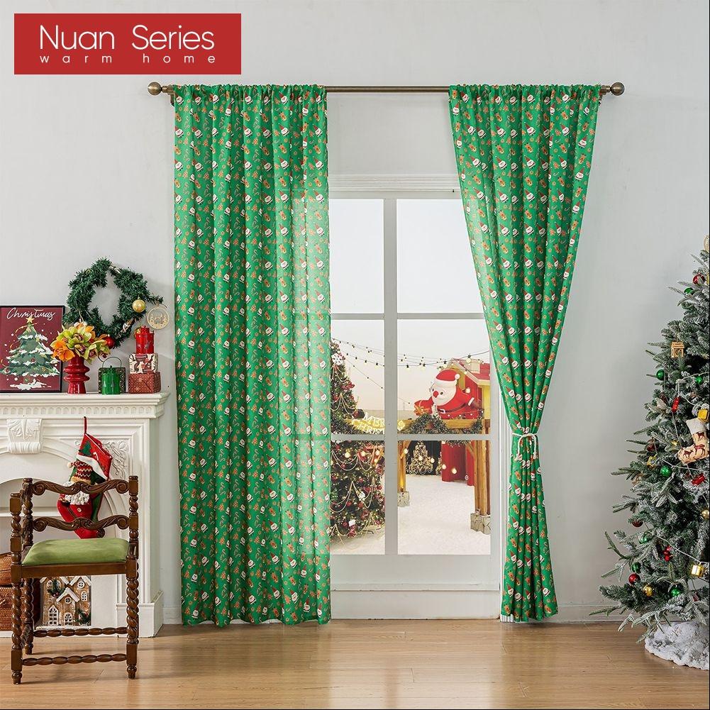 1PC Nuan Series Christmas Style Semi Blackout Curtains Santa Claus and Elk Pattern Green Curtains for Living Room Bedroom Balcony Window Home Decor