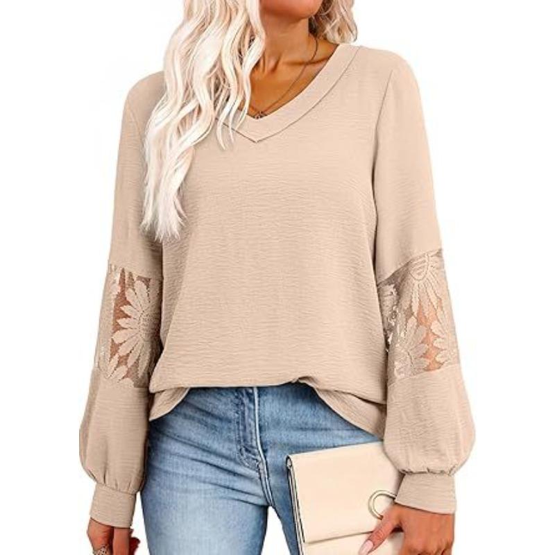 New Spring and Autumn Women's V-neck Long-sleeved Lace Fashionable Casual Tops