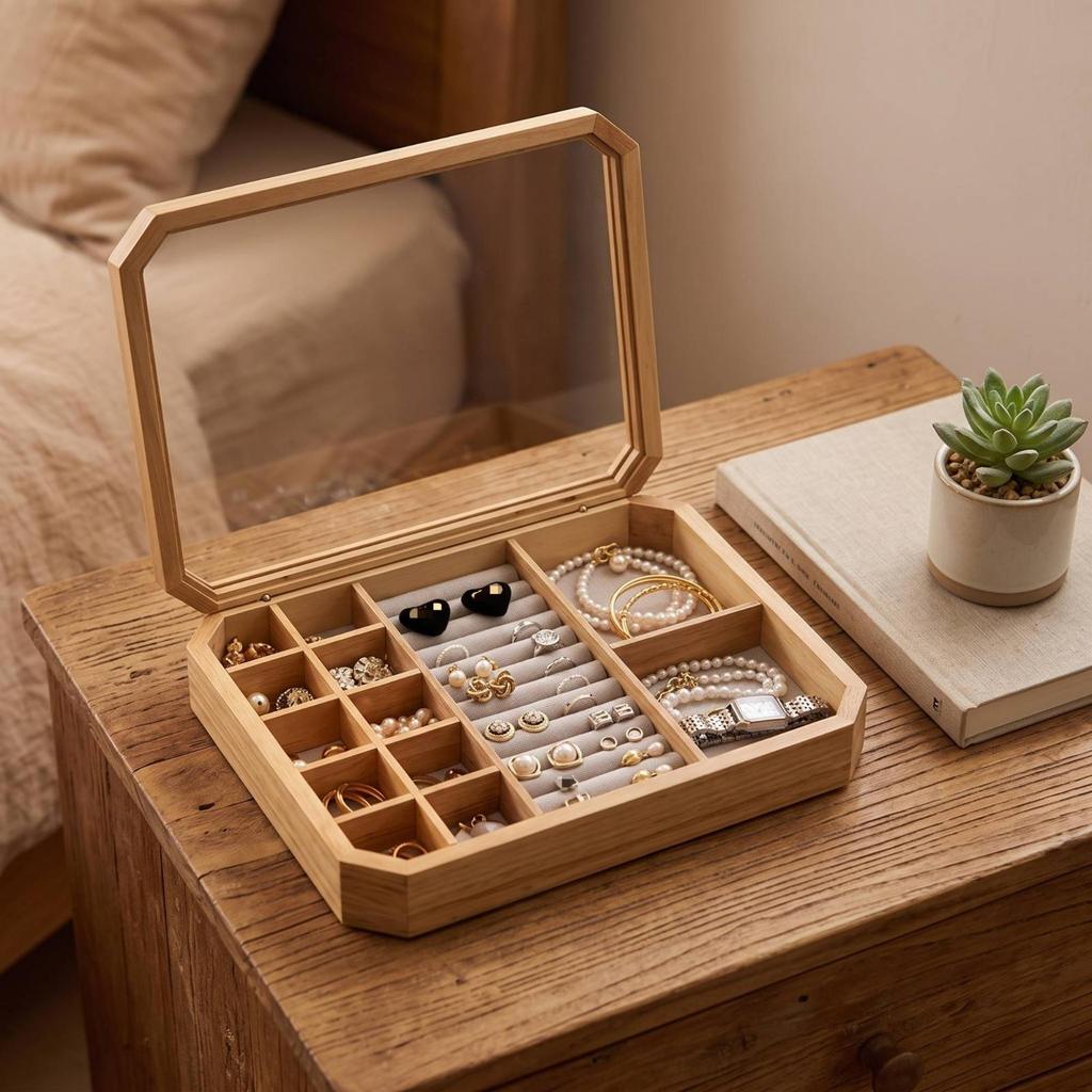 Wooden Jewelry Box with Compartments Divided Desktop for