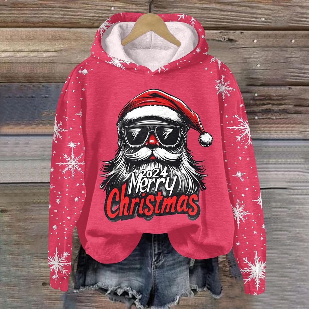 Dammode Pullover Djup Ärm Jul Tryckt Huvtröja