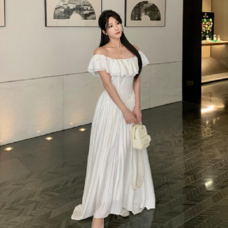 White A-Line Flutter Sleeve Slimming Summer Dress S белый