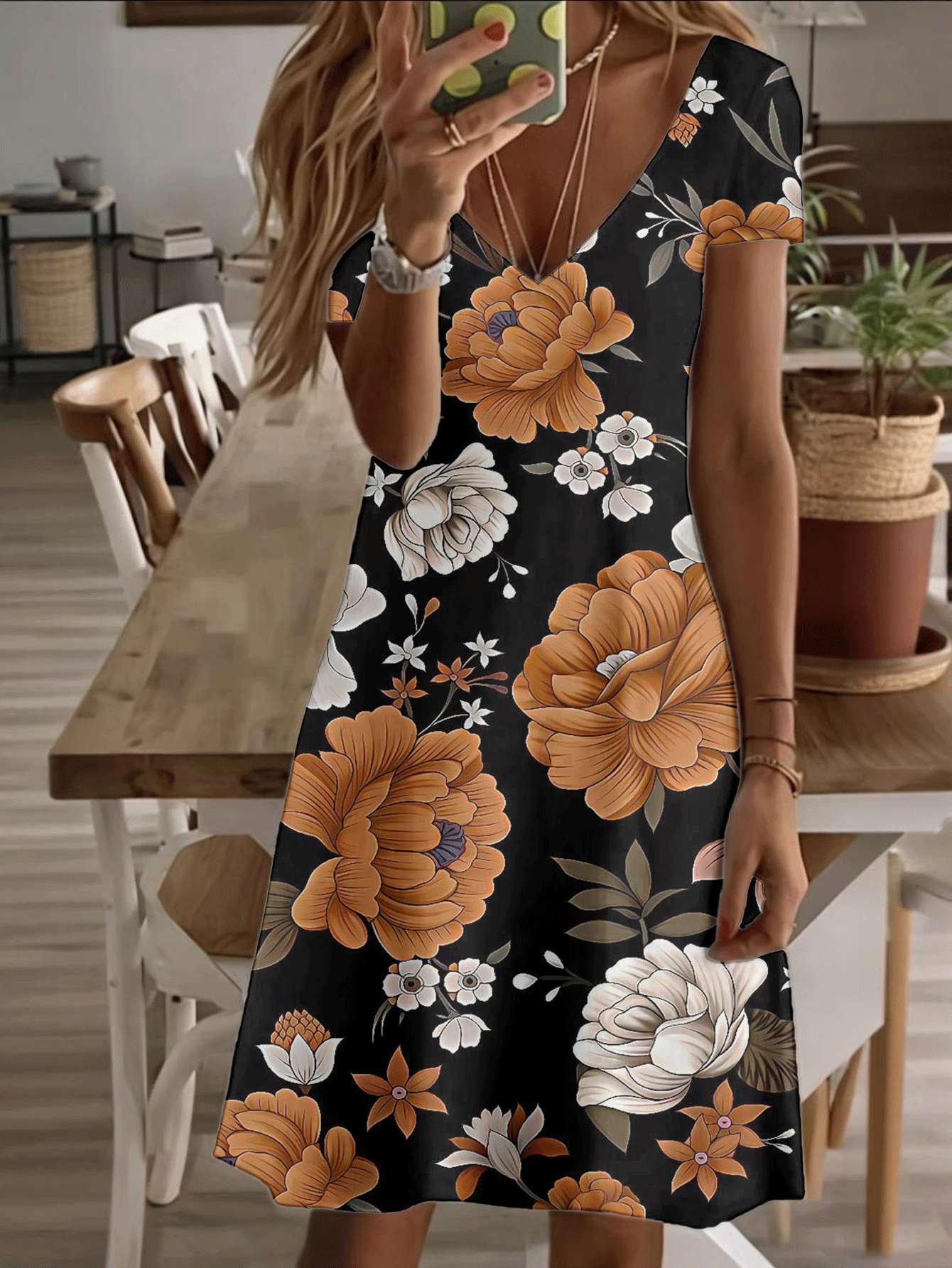 

Vneck shortsleeve midi dress floral women dress orange and white peony flower print pattern 3D premium printing durable comfort wear casual and st 2XL дубильна кора
