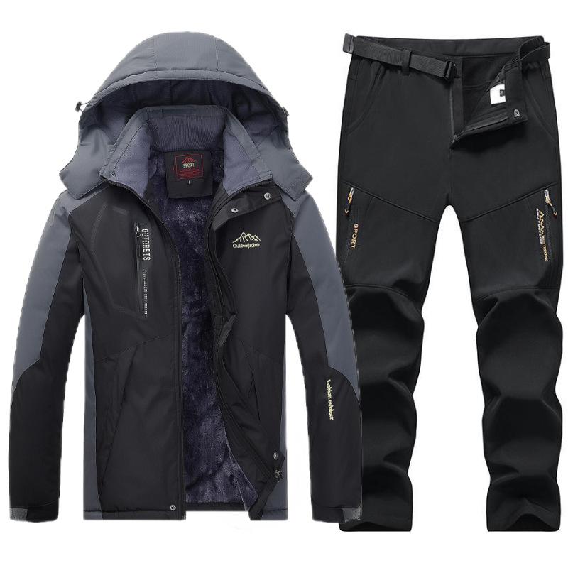 

Мужская куртка для занятий спортом на открытом воздухе, толстая теплая свободная модель с плюшевой подкладкой, осенне-зимний костюм, лыжный костюм, софтшелл, брюки с плюшевой подкладкой, чехол XL чёрный