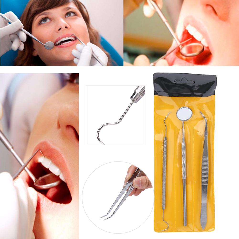 3pcs/set Stainless Steel Dental Tool Mouth Mirror Probe Plier Tweezer Teeth Clean Hygiene Kit