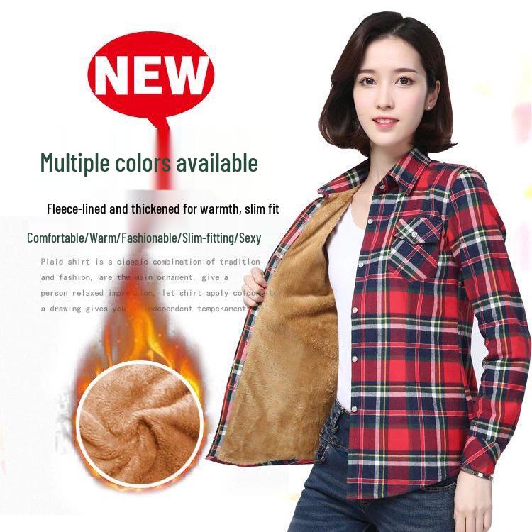 Women's 2025 Winter Slim Fit Cotton Plaid Shirt - Long Sleeve, Fleece Lined, Thick, Versatile, Plus Size