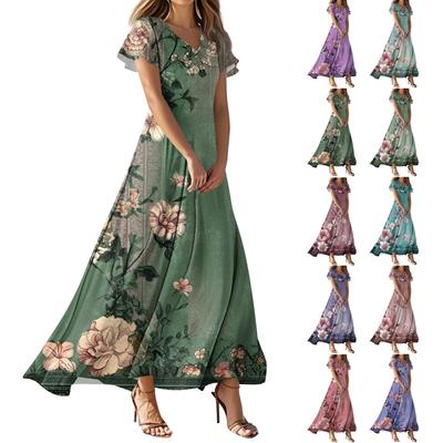 Dámske ležérne šaty s V-výstrihom, krátkym rukávom, vysokým pásom, retro kvetinovou a listovou potlačou