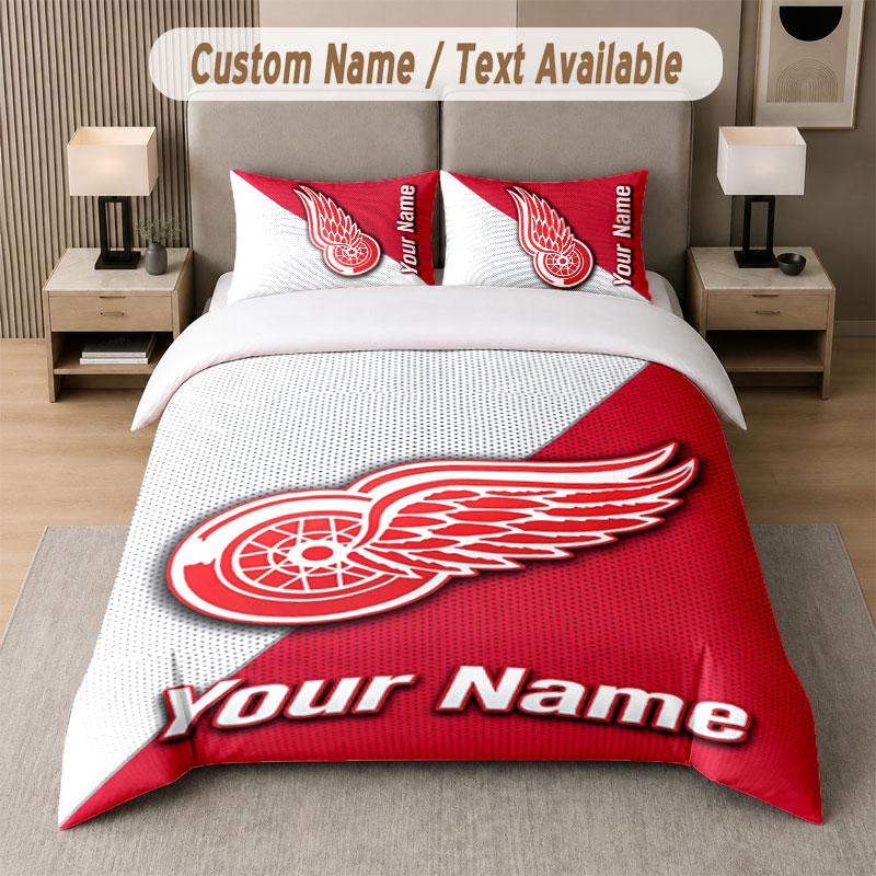 Custom Bedding Set Detroit Red Wings Pattern, Print Name Text 1 Duvet Cover Plus 2 Pillowcases Home Textile
