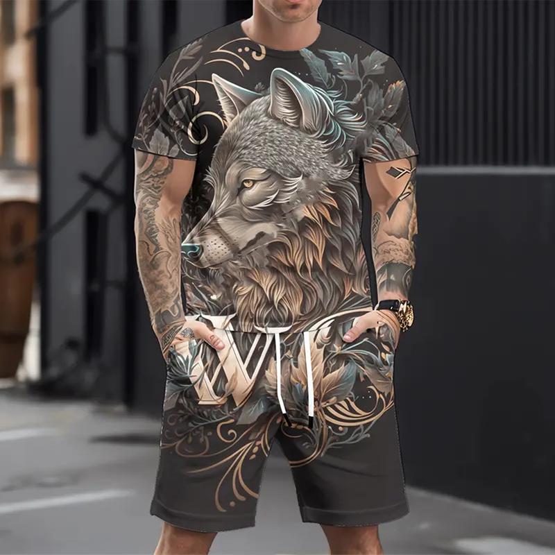 Men's Casual Sports Suit Printed 3D Fierce Wolf Pattern Oversized Loose Men's Top Y2K Style Suit Summer Casual Breathable Suit