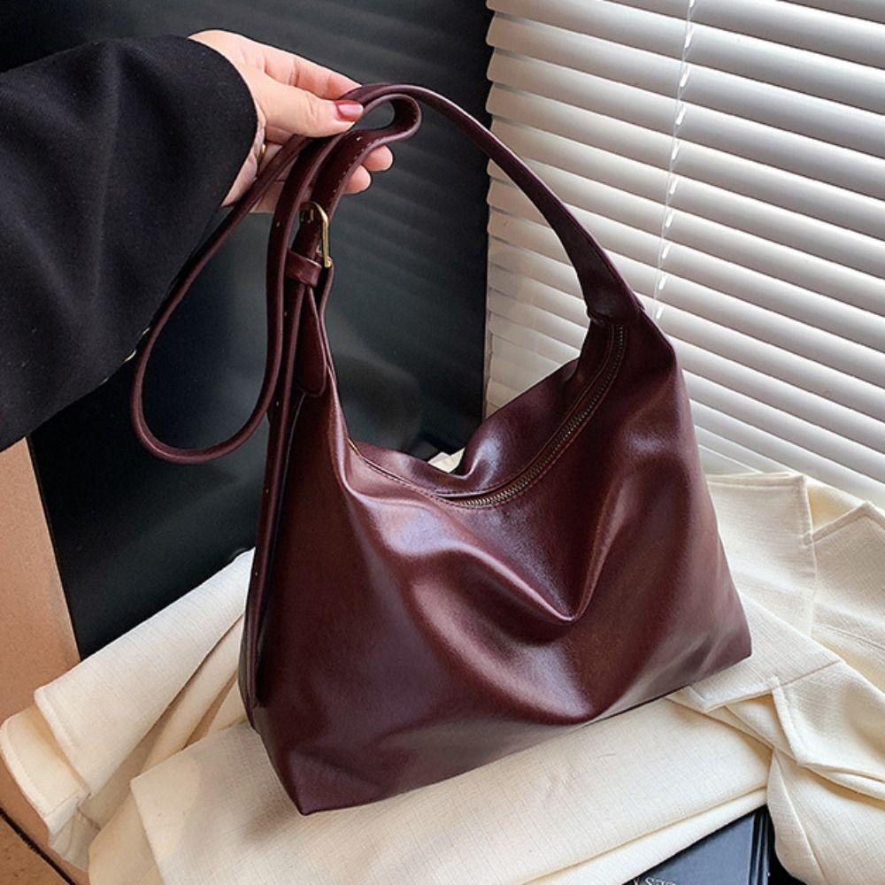 Elegant Soft Leather Tote Bag Lightweight Vintage Underarm Bag Commuting Shoulder Bag  Women