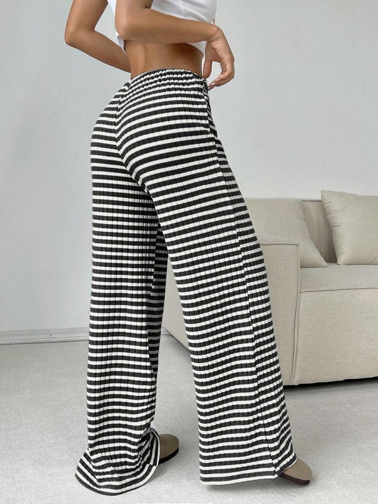 Spring/Autumn Women's Casual Striped Solid Color Elastic Waist Cotton Straight Leg Pants