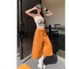 Summer Orange Wide Leg Pants Women High Waist Loose Fit Casual Cropped Jeans