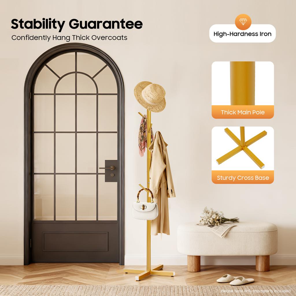 Golden Tree Coat Rack Stand, 7-Hook Iron Hallway Organizer for Hats Bags, Modern Free Standing Clothes Hat Stand