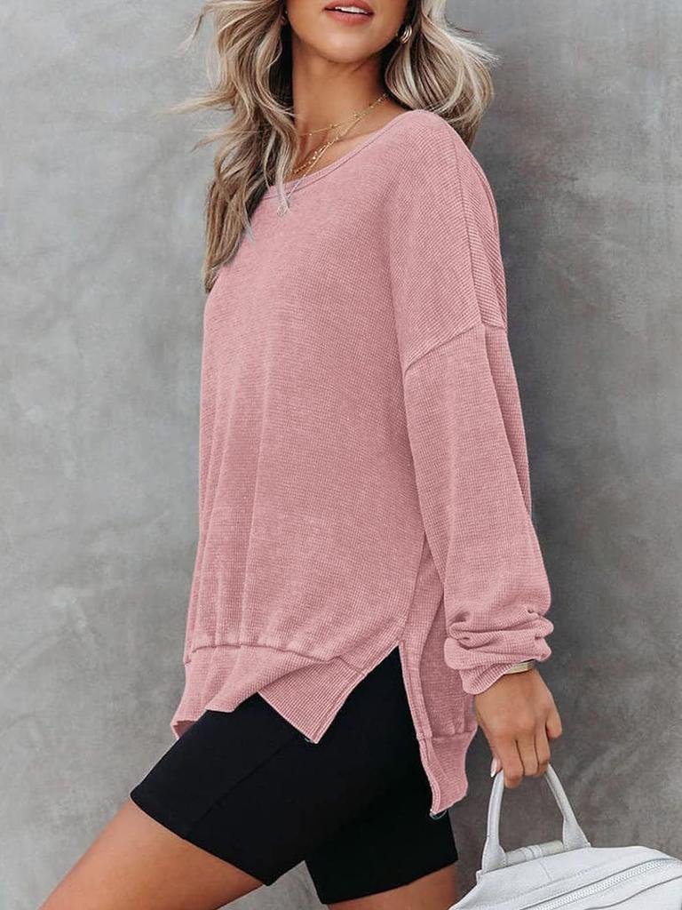 Women's Autumn New Style Crew Neck Long Sleeve Side Slit Checked Waistcoat T-Shirt