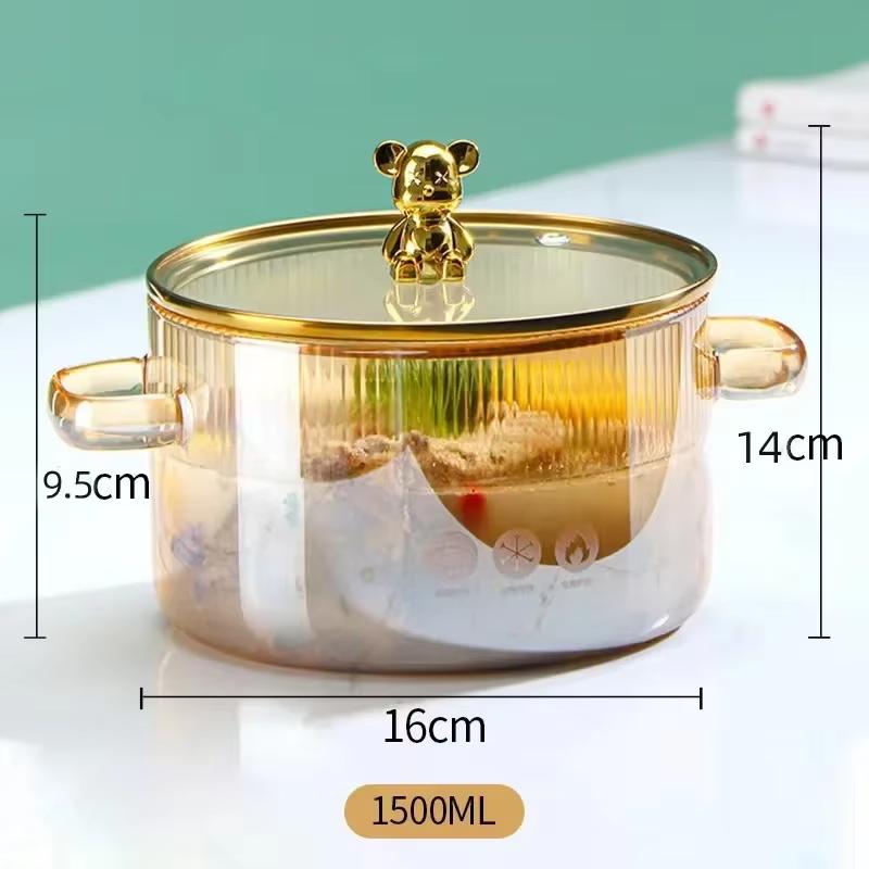 1500ML Klare Glas-Stielkasserolle mit Doppelgriffen Suppenkochtopf mit Deckel Hitzebeständige Küchenkochwerkzeuge
