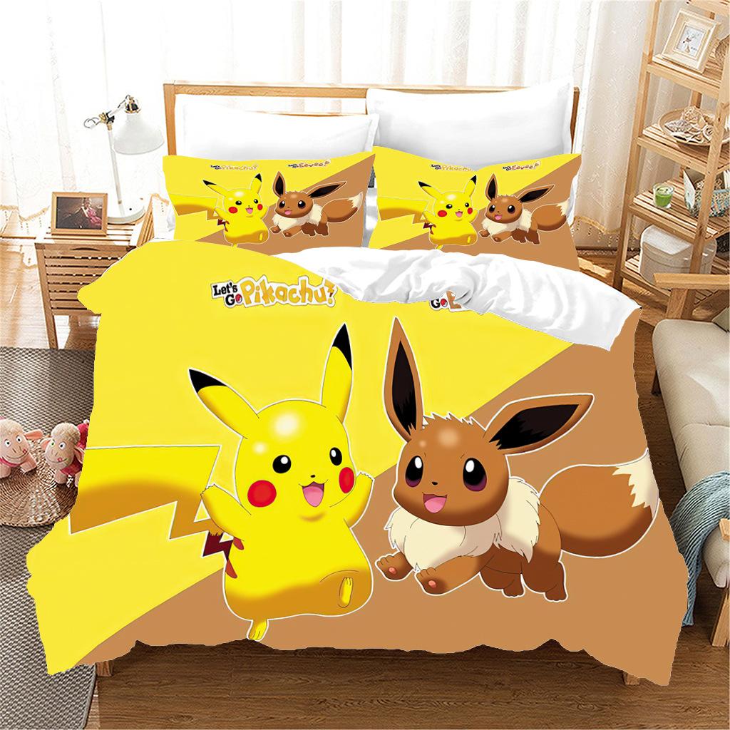 Anime P-Pokémon Printed Bedding Set New Ash Ketchum Pikachu Duvet Cover Comforter Pillowcase Boys Girls Children Adults King Gif