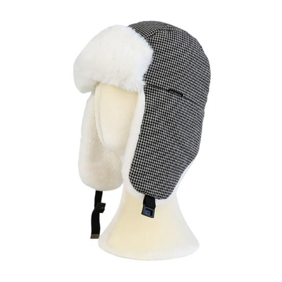 Lei Feng Hat Plaid Print Velvet Lining Buckle Closure Ear Protection Hat Windproof Cold Weather Outdoor Hat