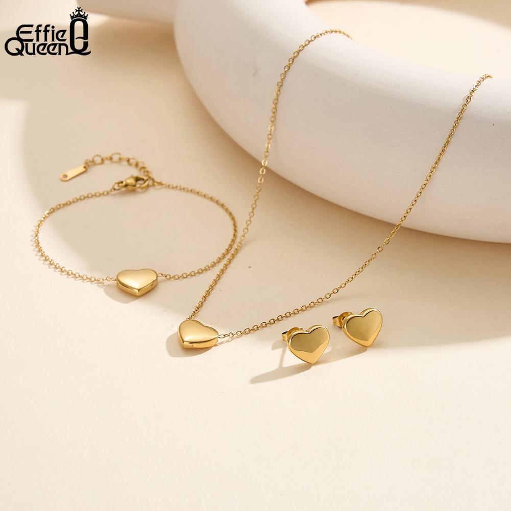 EFFIE QUEEN 18K Gold Plated Heart Necklace Stainless Steel Heart Pendant Choker Chain Texture Trendy Jewelry Waterproof STKN20