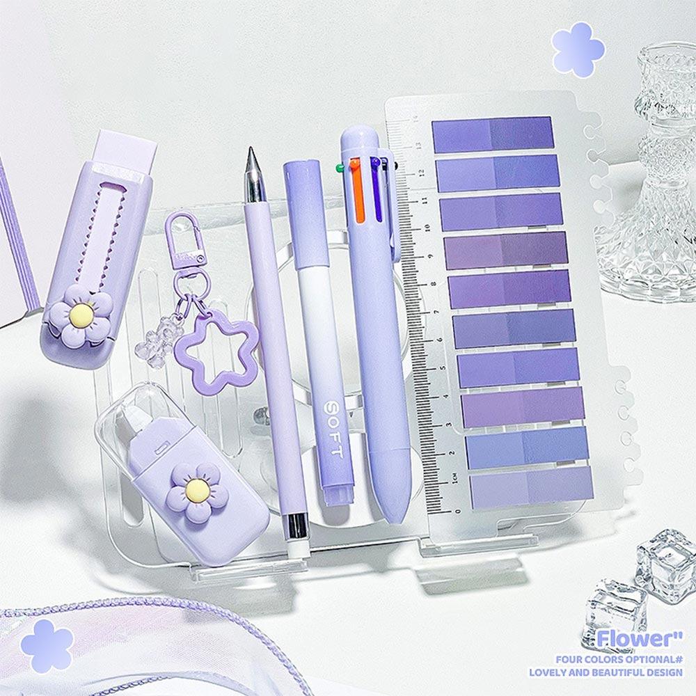 

7pcs Flower Themed Cute Stationery Set Index Tabs Push Pull Eraser Writing Set 5 in 1 Multi Color Pen Correction Tape фиолетовый