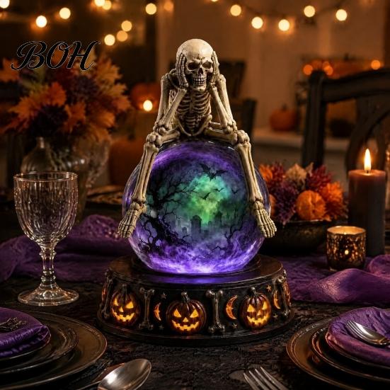 Samlarobjekt i vintagestil med LED-ljus, Halloween-dekor i falsk kristallkula, Hartsfigur av häxa/skelett/katt/spöke med läskig hemdekor