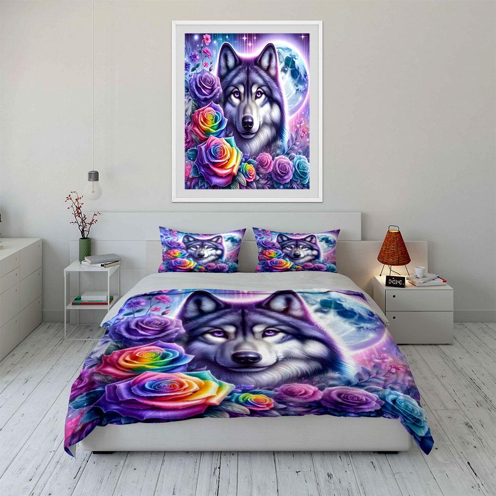 Wolf with Rainbow Roses & Moon Bedding Duvet Cover Set (1*Duvet Cover 2*Pillowcases, Without Duvet Insert)