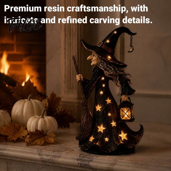 Statua di Strega Illuminata Lampada di Halloween, Statuetta Luminosa con Scopa e Lanterna, Collezionabile Spettrale Gotica in Resina Notturna per Tavolo Interno Casa