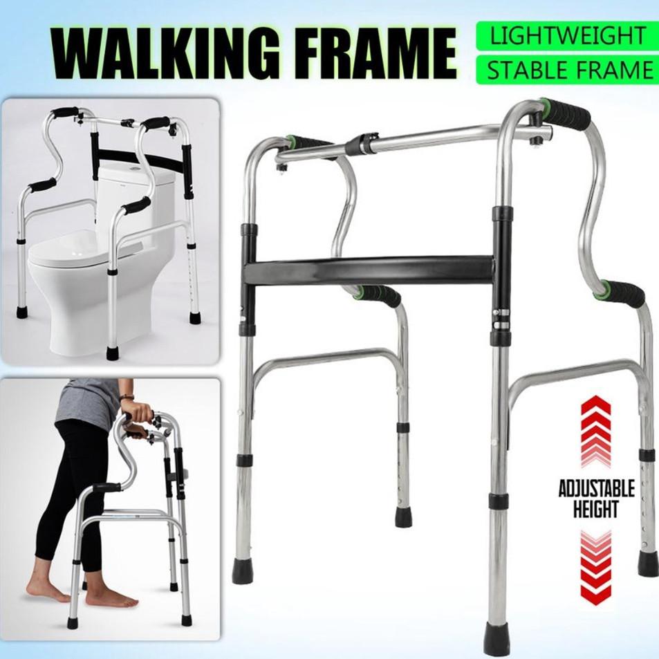 Foldable Elder Walking Frame Adjustable Curve Handle Lightweight Walker Aid Frame Medical Rehabilitation Training Bracket