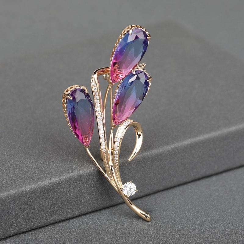 Flower Leaf Brooches Gold Pink Blue Rhinestone Wedding Bridal Bouquet Accessories Fine Copper Brooch