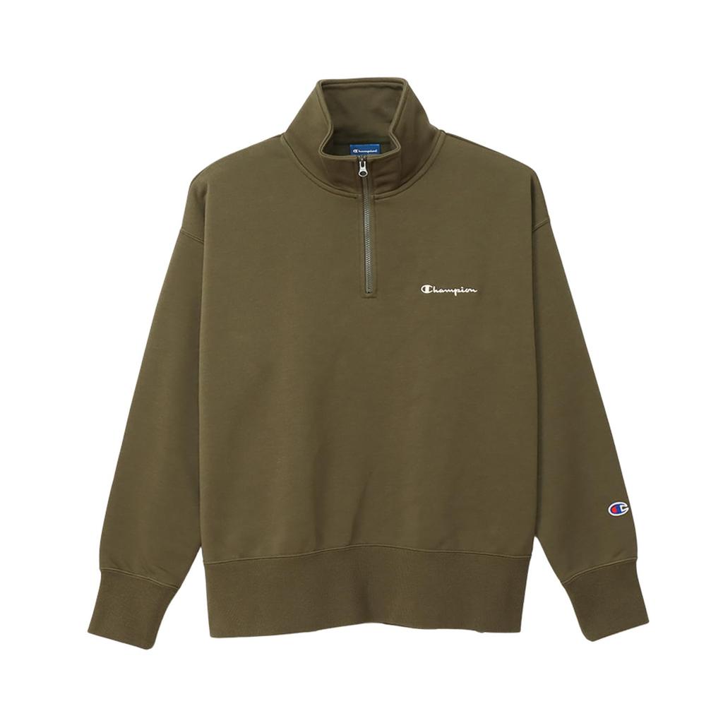 Champion Relax Fit Long Sleeve Script Terry Size L Women's Techweave® T-Shirt, Stretch, Quick-Drying, Logo, Half-Zip Sweatshirt, Olive, (CW-AS004)