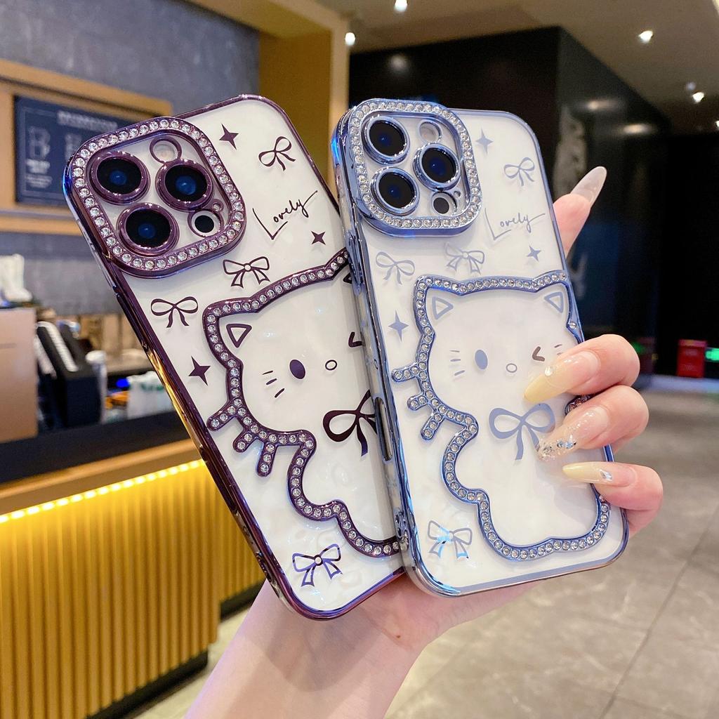 Electroplating Three-dimensional Point Drill Cute Cat iPhone16Promax Mobile Phone Case for Apple 15 Bow 14/13