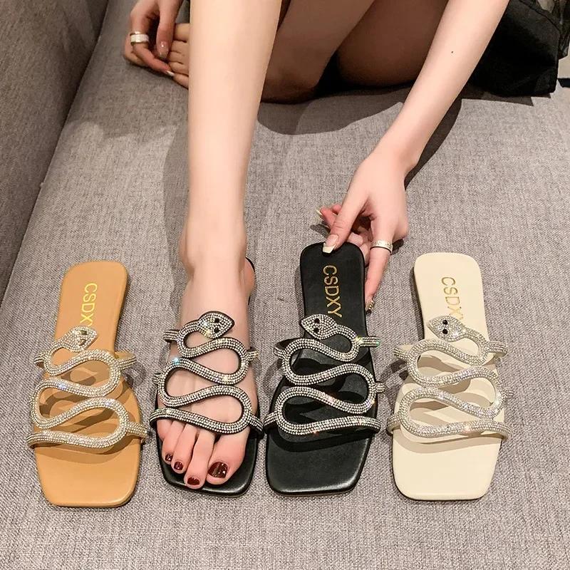 Fashion Luxury Design Womens Rhinestone Flat Slippers Outdoor Fashion Ladies Slippers Casual Party Beach Comfortable Shoes