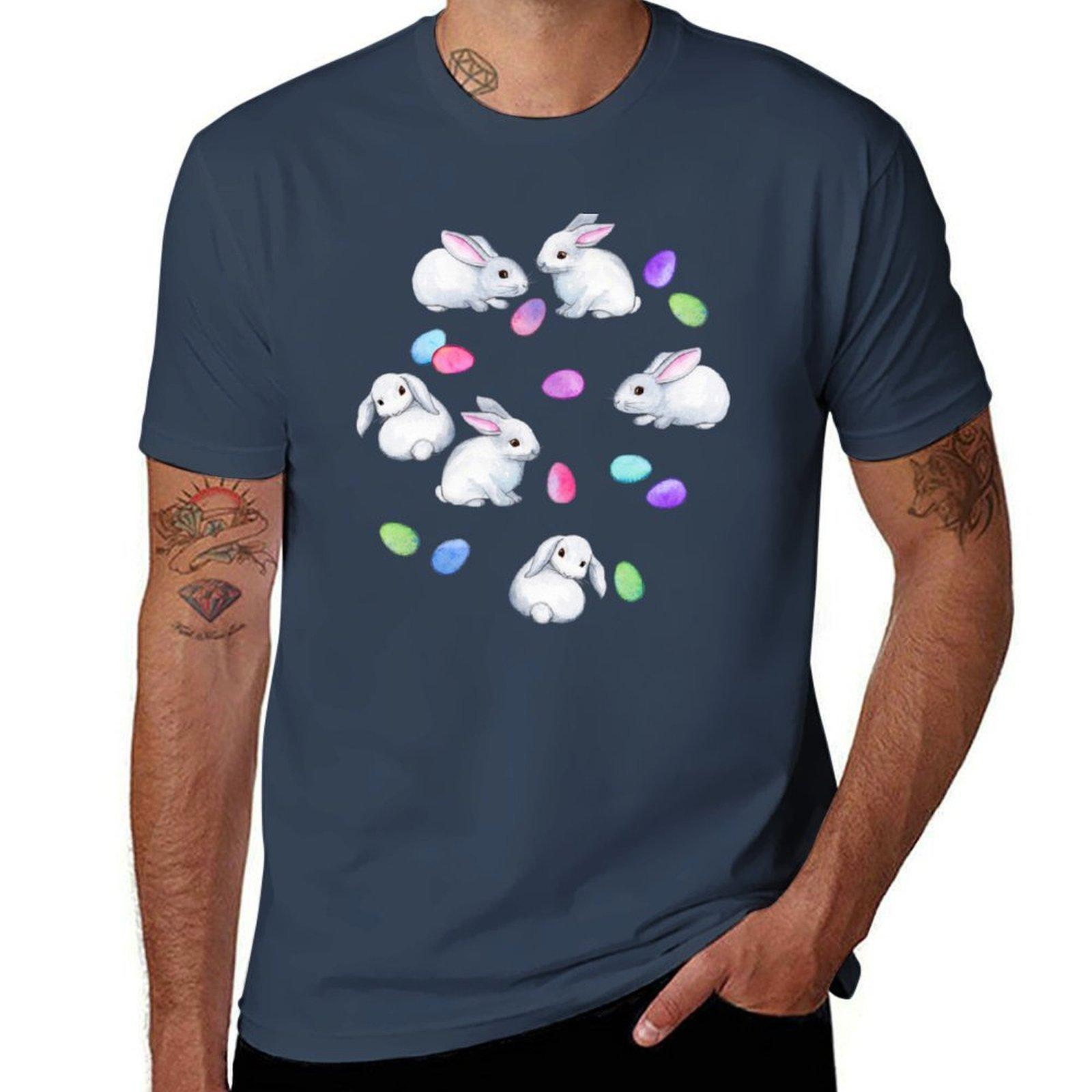 Easter Bunnies with Rainbow Pastel Eggs on white TShirt Worker Basic Short Sleeve Tee S