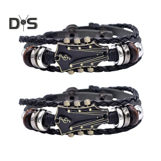 2/3 ks Náramek na punkovou kytaru Retro umělá kůže Zinková slitina Rock Music Náramek Ručně vyrobený pletený vícevrstvý zavinovací náramek pro muže