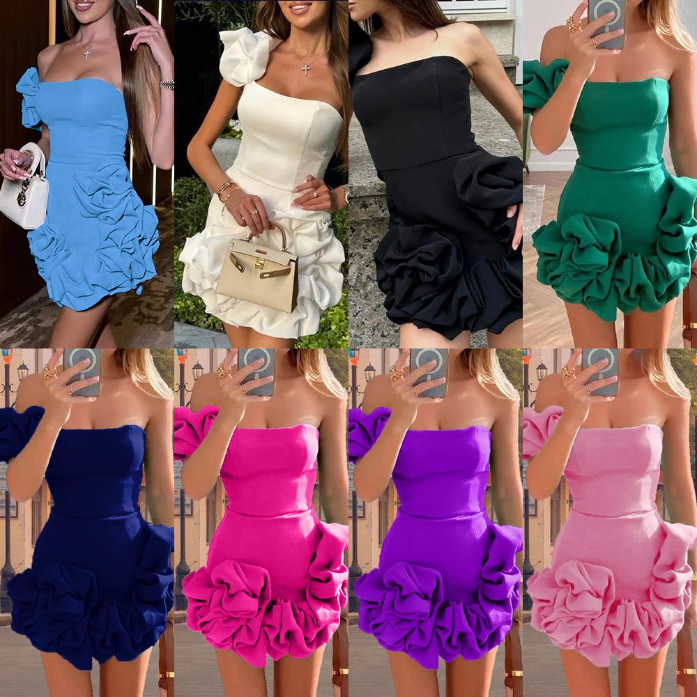 Women'S Dress Ruffle Leaf Edge Flower Bud Waist Dress Single Shoulder Tube Top Hip Skirt