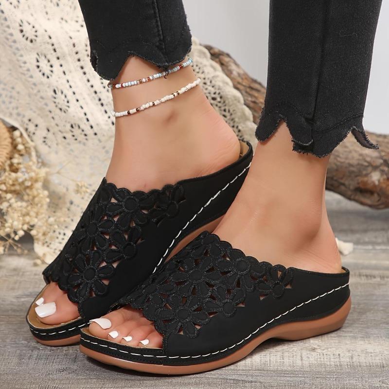 Ladies, Floral Design, Comfortable Sandals, Hollow, Thick Soled, Walking Shoes, Wedge Heel Slippers