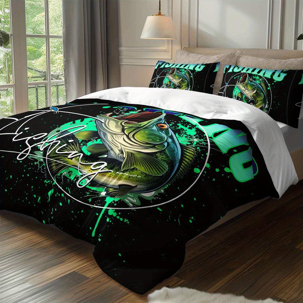 3pcs Cool Fishing Bedding Duvet Cover Set Bass Fish Bedding Quilt Set Fishing Themed Bed Quilt Set Sporty Bedroom Decor Bed
