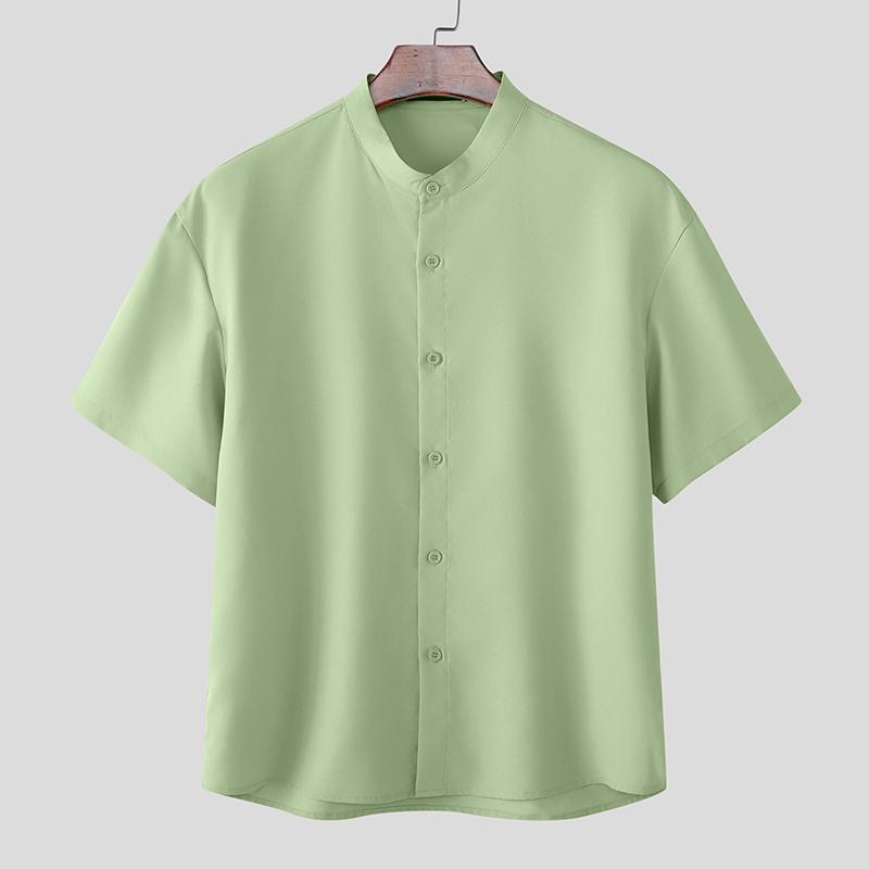 INCERUN Men Collarless Short Sleeve Button Down Casual Loose Shirts Tops