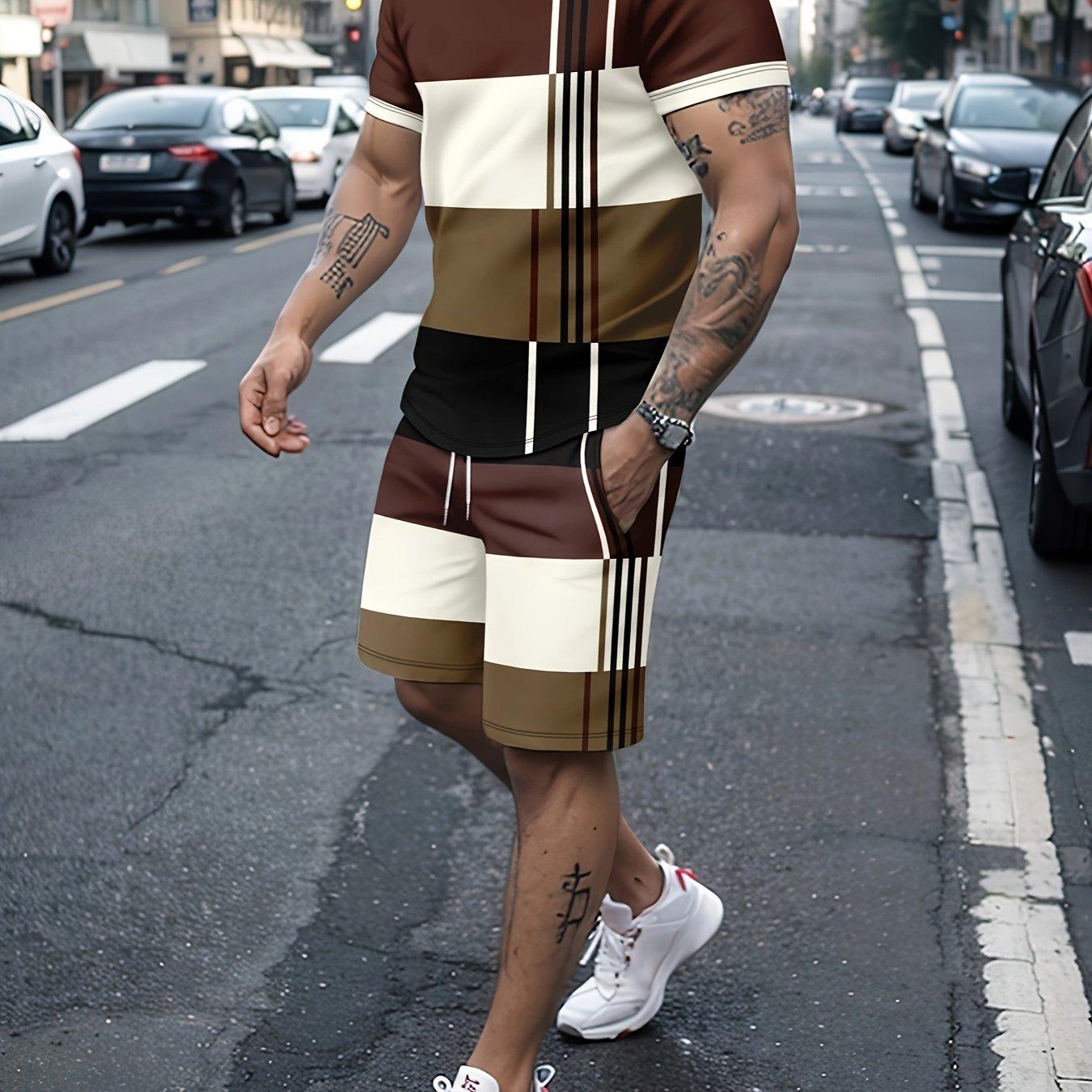 Men s Summer Striped Set: Short Sleeve Tee & Matching Shorts with Bold Color Block Design. Loose Fit Big Size Streetwear for Daily Wear S жёлтый