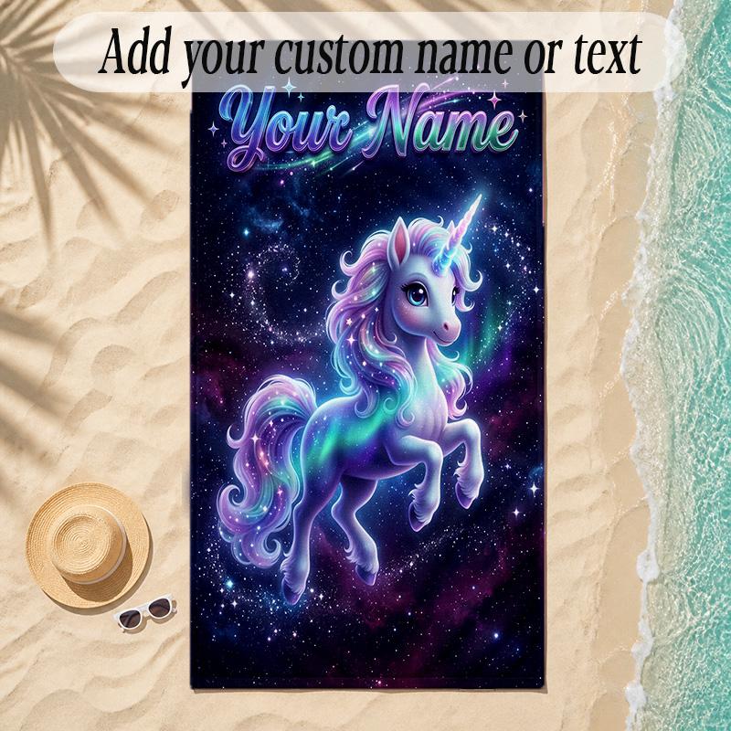 Unicorn Theme Soft Beach Towel Personalized Custom Name Text Towel Portable for Beach Pool Travel
