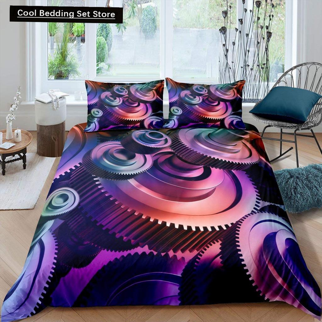 Golden Industrial Gear King Full Duvet Cover Steampunk Style Bedding Set Mechanical Device Quilt Cover Polyester Comforter Cover
