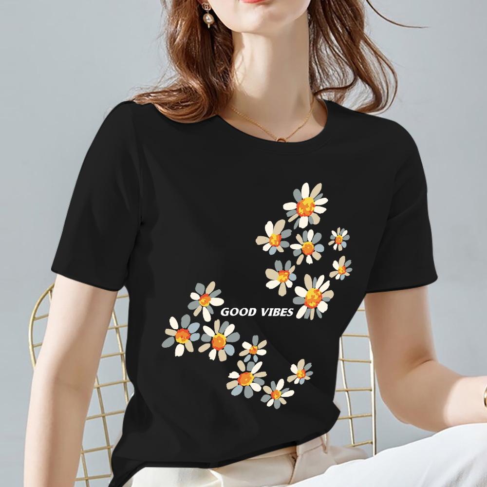 

Women s 100% Cotton Short-Sleeved T-shirt Flower Print round Neck Harajuku Style Graphic Top for Spring/Summer Fashion XL