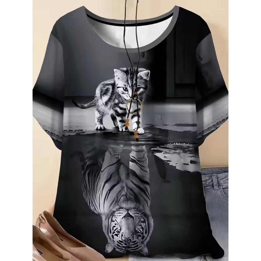 XL-7XL Plus Size Women's Men Tiger Casual 3D Print Loose Round Neck Short Sleeved T-shirt Top