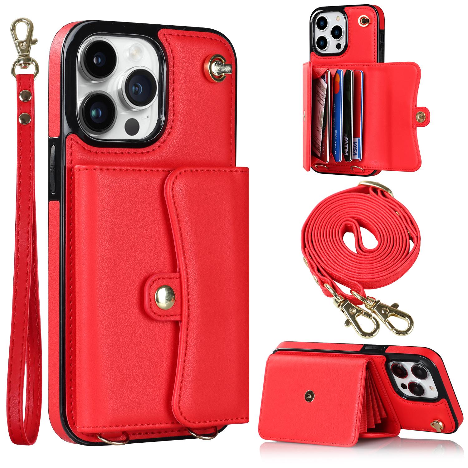 

For iPhone 12/12 Pro PU Leather+TPU Phone Case Card Slots RFID Blocking Kickstand Cover with Short +Long Straps Red