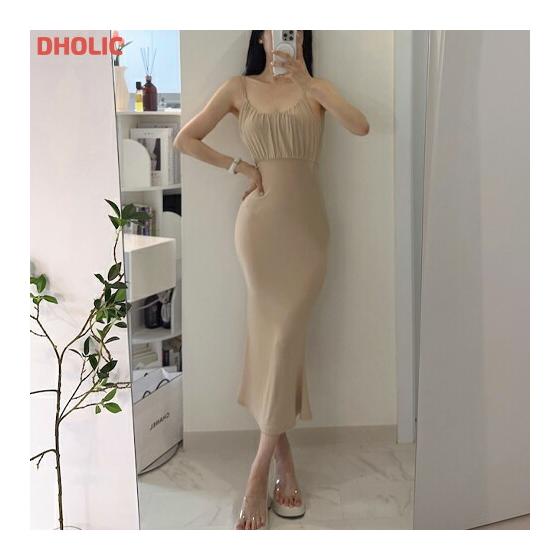 ops Women s Korean Fashion Cami Dress Sleeveless Long Dress Gathered Stretchy Thin Tight Slim Sexy Feminine Adult Casual Date Summer SSMOON