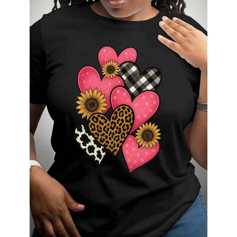 Europäische Größe Damen Lässige Kurzarm-Rundhals-T-Shirts Geeignet für Frühling Sommer - Lässige & Büro-Oberteile mit Herz-Print